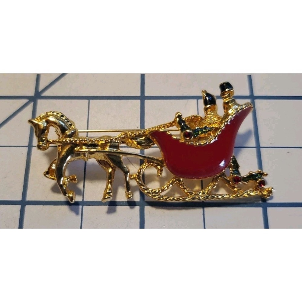 Vintage Gold Tone Enamel Christmas Sleigh Brooch Pin, 2"